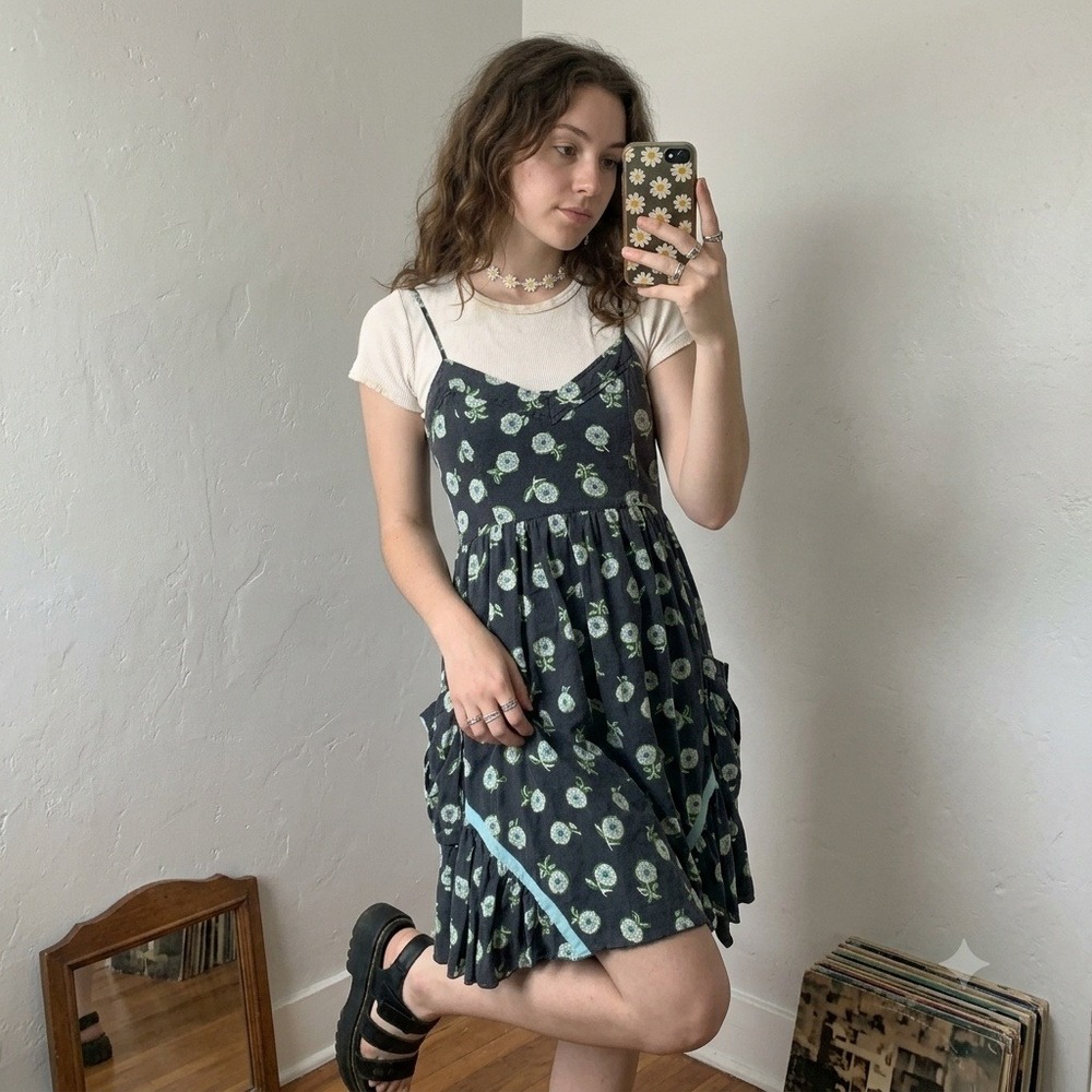 Vintage Y2K Free People Womens Dress 4 Black Floral Silk Linen Smocked Boho Mini